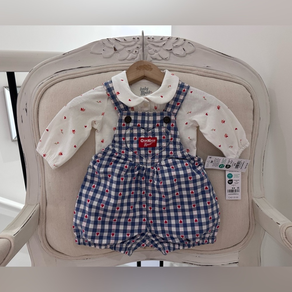 ❤️ 3 Mth OshKosh B'gosh Blue and White Checkered Heart Baby Overalls Set NWT